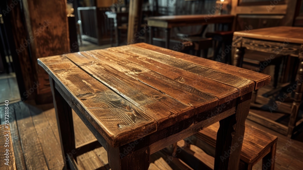 A polished wooden table stretches towards a blurred pub background, exuding a sense of depth and perspective. The rich, dark tones of the wood evoke a vintage charm and timeless character. A polished wooden table stretches towards a blurred pub background, exuding a sense of depth and perspective. The rich, dark tones of the wood evoke a vintage charm and timeless character.