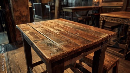 A polished wooden table stretches towards a blurred pub background  exuding a sense of depth and perspective. The rich  dark tones of the wood evoke a vintage charm and timeless character.