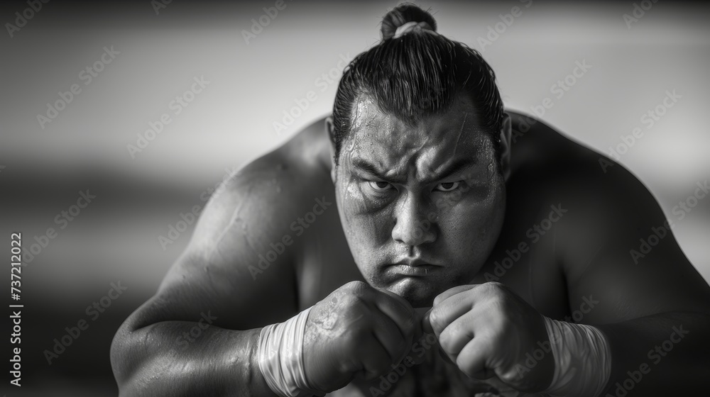 The intense focus of a sumo wrestler is palpable in this monochrome