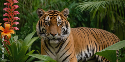 Indian tiger against a jungle background surrounded by tropical flowers and plants.