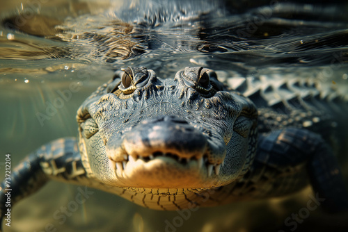 A crocodile that is diving underwater in A pond or river.