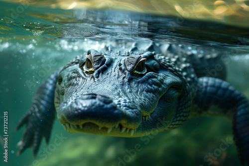A crocodile that is diving underwater in A pond or river.