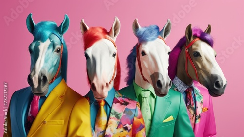 Creative animal concept. Horse in a group, vibrant bright fashionable outfits isolated on solid background advertisement, copy text space