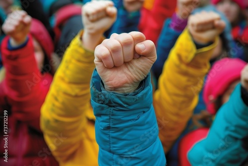 Raised fists in colorful jackets at a protest, symbolizing unity, strength, and activism, suitable for social movements and solidarity themes