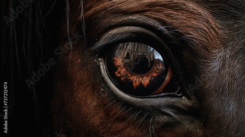 a close up of a horse's eye with the reflection of a building in the horse's eye. © Anna
