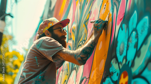 A photo of a street artist painting a mural, captured candidly in action, with vibrant colors and intricate designs, and a sense of urban culture and creativity.