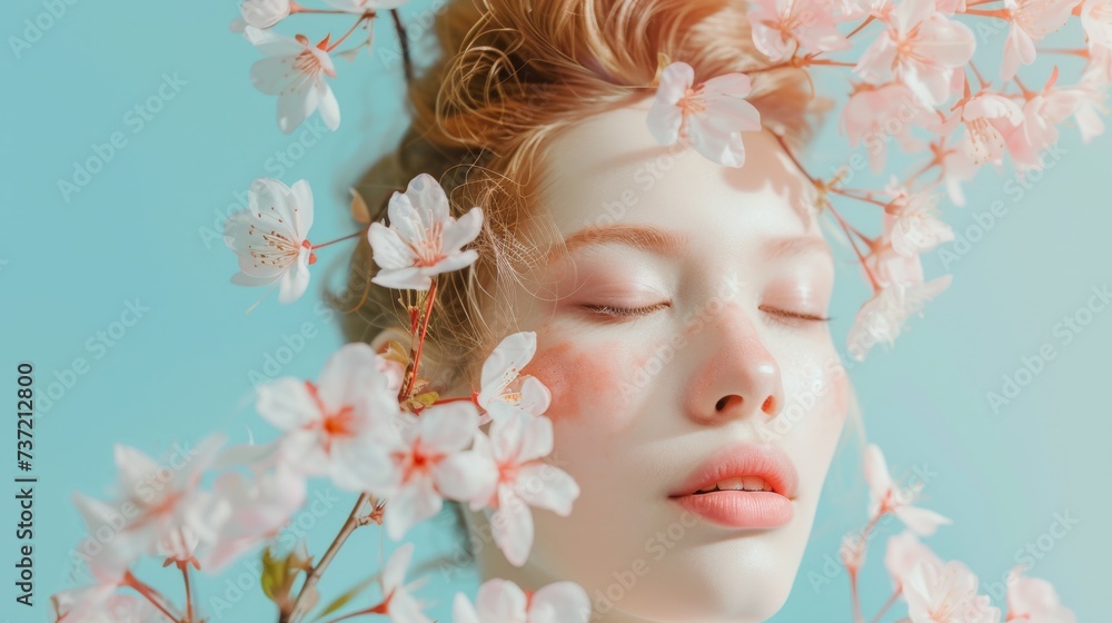 Serene Beauty in Bloom, Young Woman with Cherry Blossoms, Symbolizing Peace and Spring Serene Beauty in Bloom, Young Woman with Cherry Blossoms, Symbolizing Peace and Spring