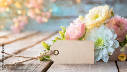 Colorful spring flowers on rustic light wooden planks with an empty tag for text. Celebration concept