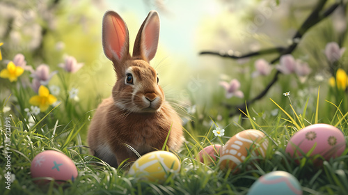 Easter Bunny Amidst Spring Blooms and Decorated Eggs on a Vibrant Field Bathed in Soft Sunlight