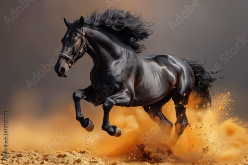 A sleek black horse in mid-gallop, its mane flowing, kicks up golden sand against a dramatic backdrop. © weerasak