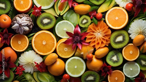 a close up of a bunch of fruit with oranges  kiwis  kiwis and other fruits.