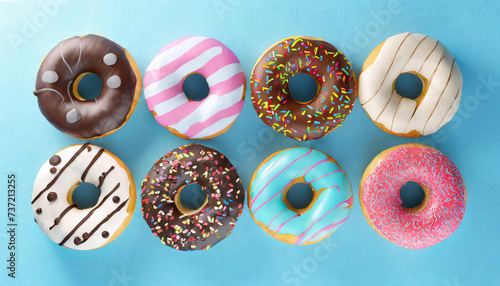 Various colourful donuts on blue background