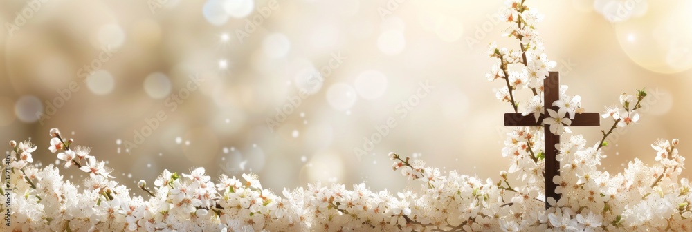 Spring Blossoms and Wooden Cross wide Banner