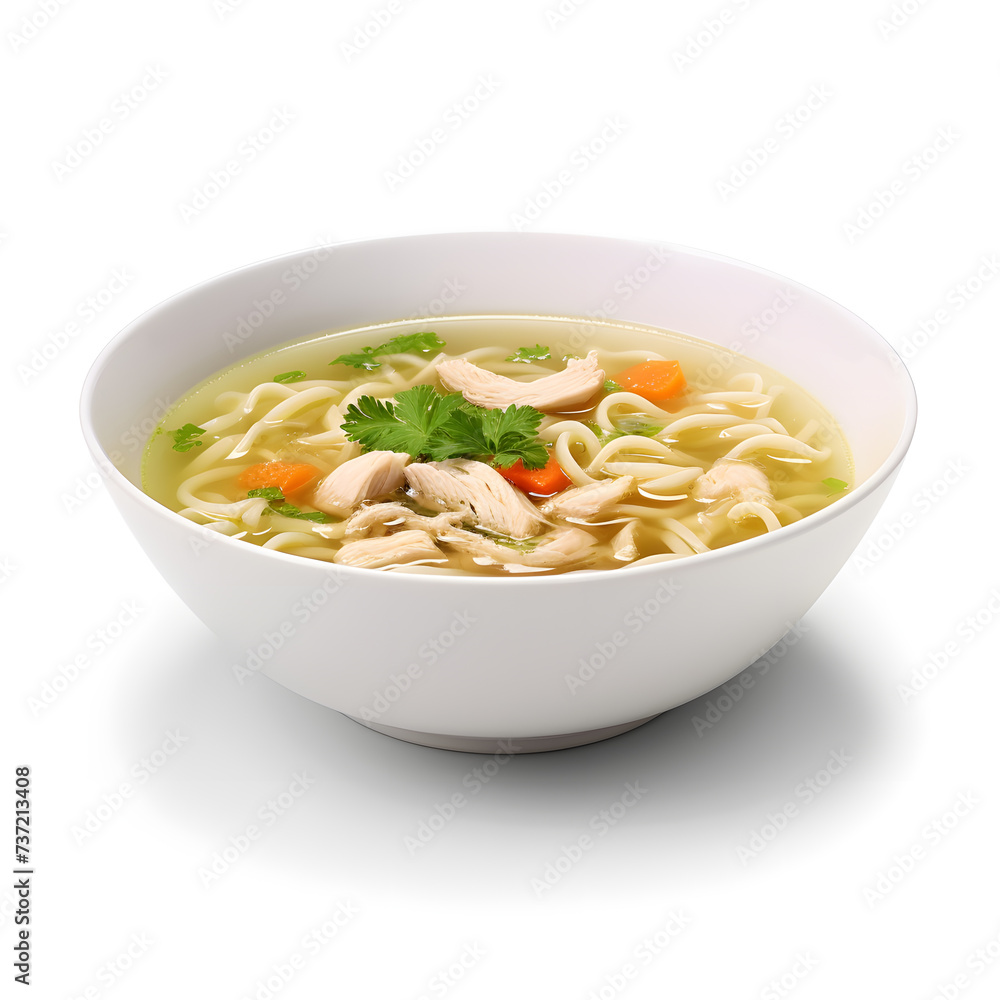 Chicken Noodle Soup in white bowl, isolated on white background Chicken Noodle Soup in white bowl, isolated on white background
