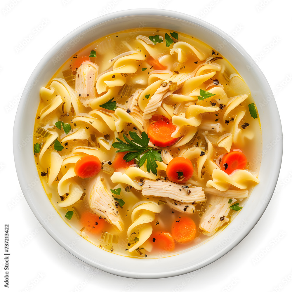 Top view Chicken Noodle Soup in white bowl, isolated on white background Top view Chicken Noodle Soup in white bowl, isolated on white background