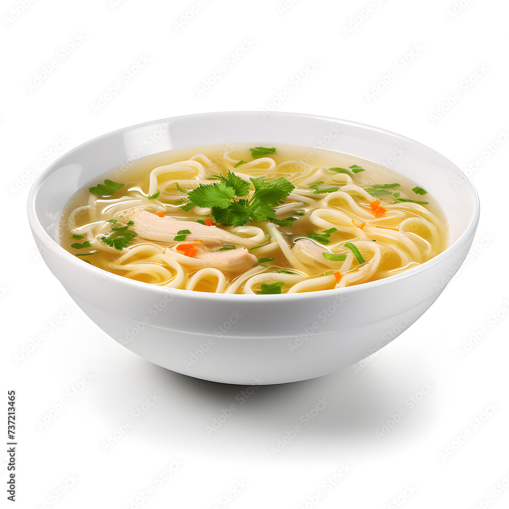Chicken Noodle Soup in white bowl, isolated on white background Chicken Noodle Soup in white bowl, isolated on white background