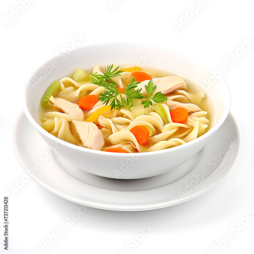 Chicken Noodle Soup in white bowl, isolated on white background