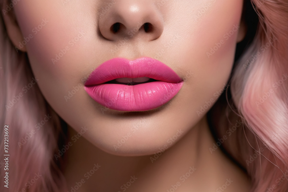 The pink hue of her pink lipstick adorns her lips like a precious organ, highlighting their allure in a captivating closeup The pink hue of her pink lipstick adorns her lips like a precious organ, highlighting their allure in a captivating closeup