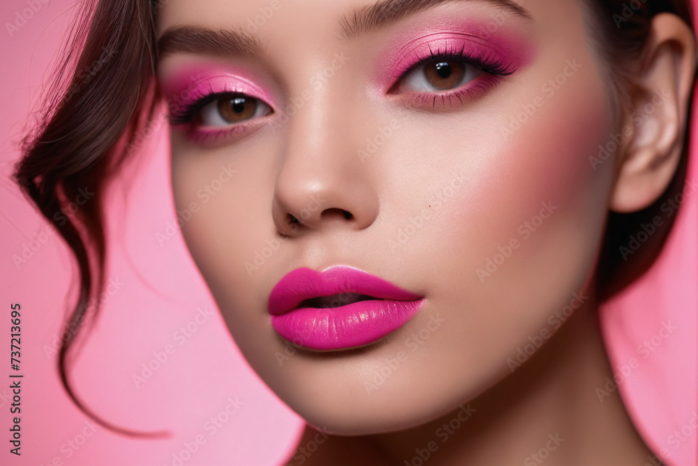 The pink hue of her pink lipstick adorns her lips like a precious organ, highlighting their allure in a captivating closeup The pink hue of her pink lipstick adorns her lips like a precious organ, highlighting their allure in a captivating closeup