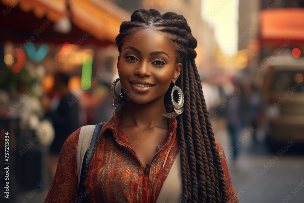 Fototapeta premium closeup portrait of young African pretty woman wearing braids hair style smiling walking in bustling city street at day time, Generative Ai 