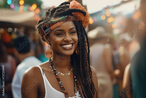 closeup portrait of young African pretty woman wearing braids hair style smiling walking in bustling city street at day time, Generative Ai 