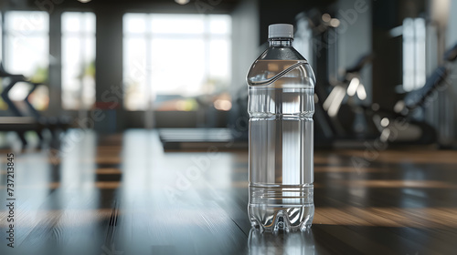 A blank transparent plastic bottle on gym background