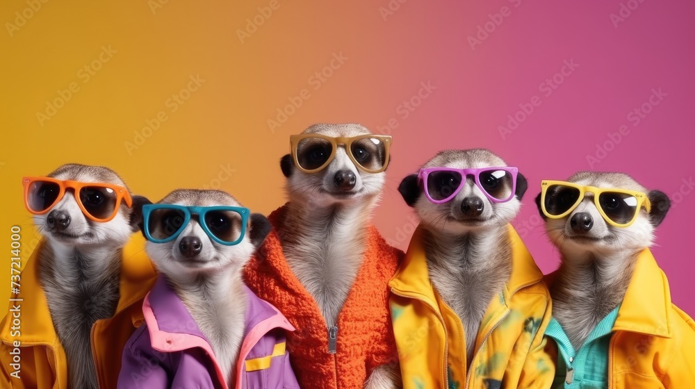 Creative animal concept. Meerkat in a group, vibrant bright fashionable outfits isolated on solid background advertisement, copy text space