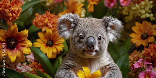 A baby koala against a background of a tropical forest surrounded by flowers and green plants.