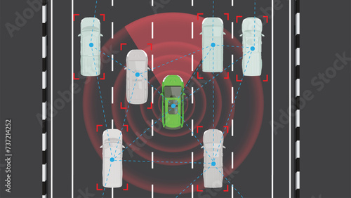 illustration top view flat color of car vehicle high end sensor radar autonomous system technology A.I. connection communication