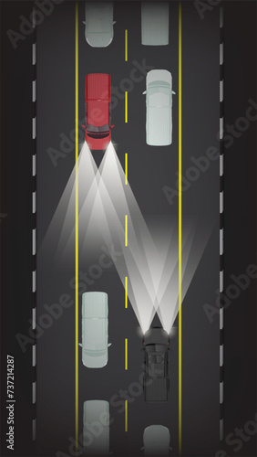 illustration top view flat color of car vehicle with light beam at night road