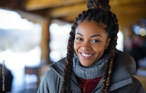 young teenage African American girl with braid hairstyle smiling with winter snow town background, winter holiday travelling, Generative Ai	
 photo