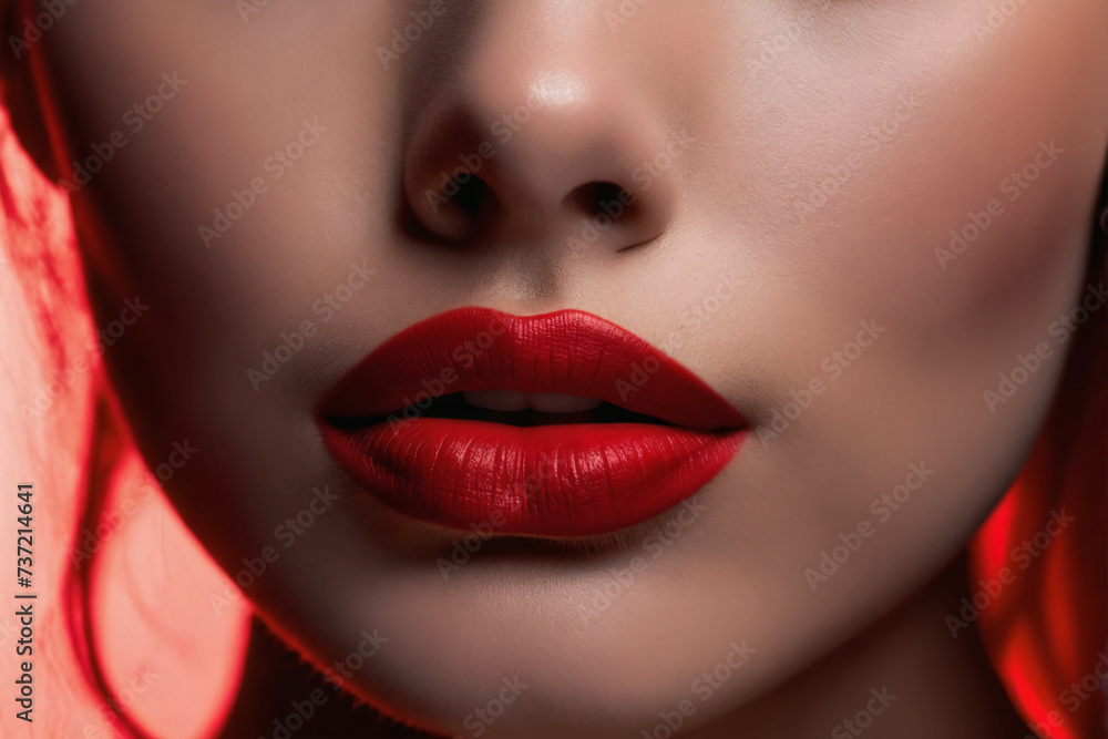Obraz premium The red hue of her red lipstick adorns her lips like a precious organ, highlighting their allure in a captivating closeup