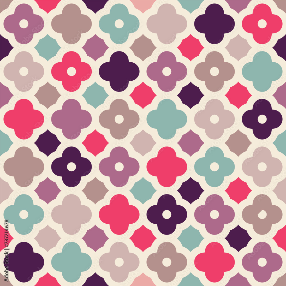 Sweet and colorful pattern in pink and purple shades of geometric flowers.Vector seamless pattern design for textile, fashion, paper, packaging, wrapping and branding Sweet and colorful pattern in pink and purple shades of geometric flowers.Vector seamless pattern design for textile, fashion, paper, packaging, wrapping and branding