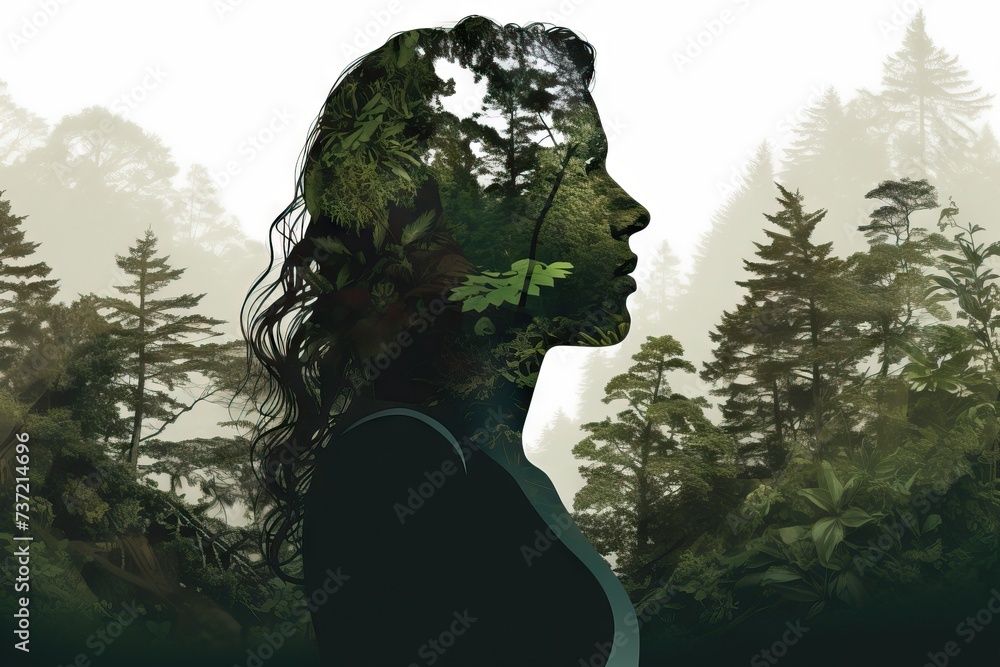 Creative double exposure portrait of attractive woman with forest. Environment and conservation concept. International Mother Earth Day. Environmental problems and protection. Caring for nature