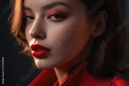 The red hue of her red lipstick adorns her lips like a precious organ  highlighting their allure in a captivating closeup