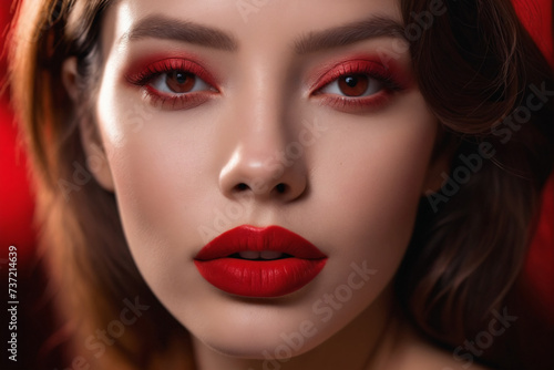 The red hue of her red lipstick adorns her lips like a precious organ  highlighting their allure in a captivating closeup