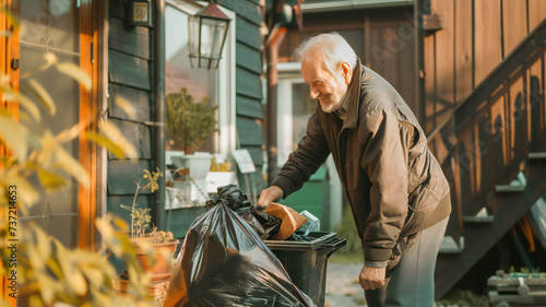 Elderly man happily taking out garbage bag photo