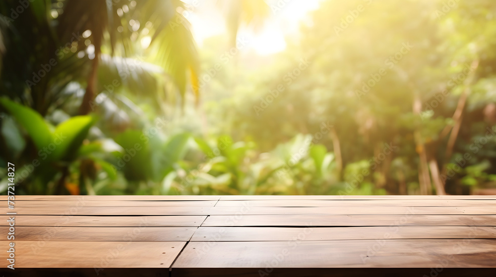 Warm wooden table in the foreground with a vibrant jungle scene. Mockup table for product display. Warm wooden table in the foreground with a vibrant jungle scene. Mockup table for product display.