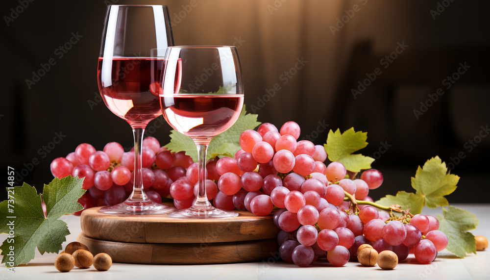 Fototapeta premium Gourmet wineglass on wooden table, nature refreshing autumn celebration generated by AI