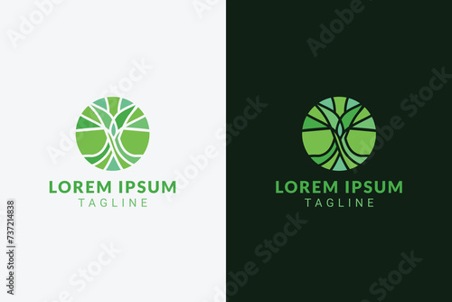 Geometric tree and roots in circular logo concept in green shades.Vector logo template for branding companies in environmental, natural products, organic, mindfulness, spa and more