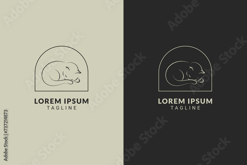 Sleeping cat line art illustration minimalist logo concept. Sleeping cat line art illustration minimalist logo concept. Vector logo template for branding companies in pet products, veterinarians, cat 