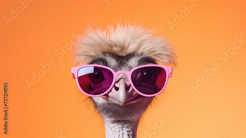 Creative animal concept. Ostrich bird in sunglass shade glasses isolated on solid pastel background, commercial, editorial advertisement, surreal surrealism