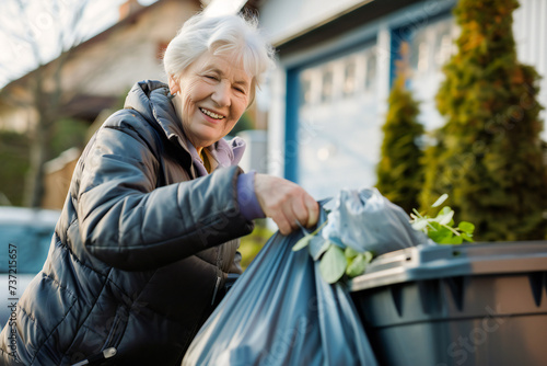 Elderly woman happily taking out garbage bag photo