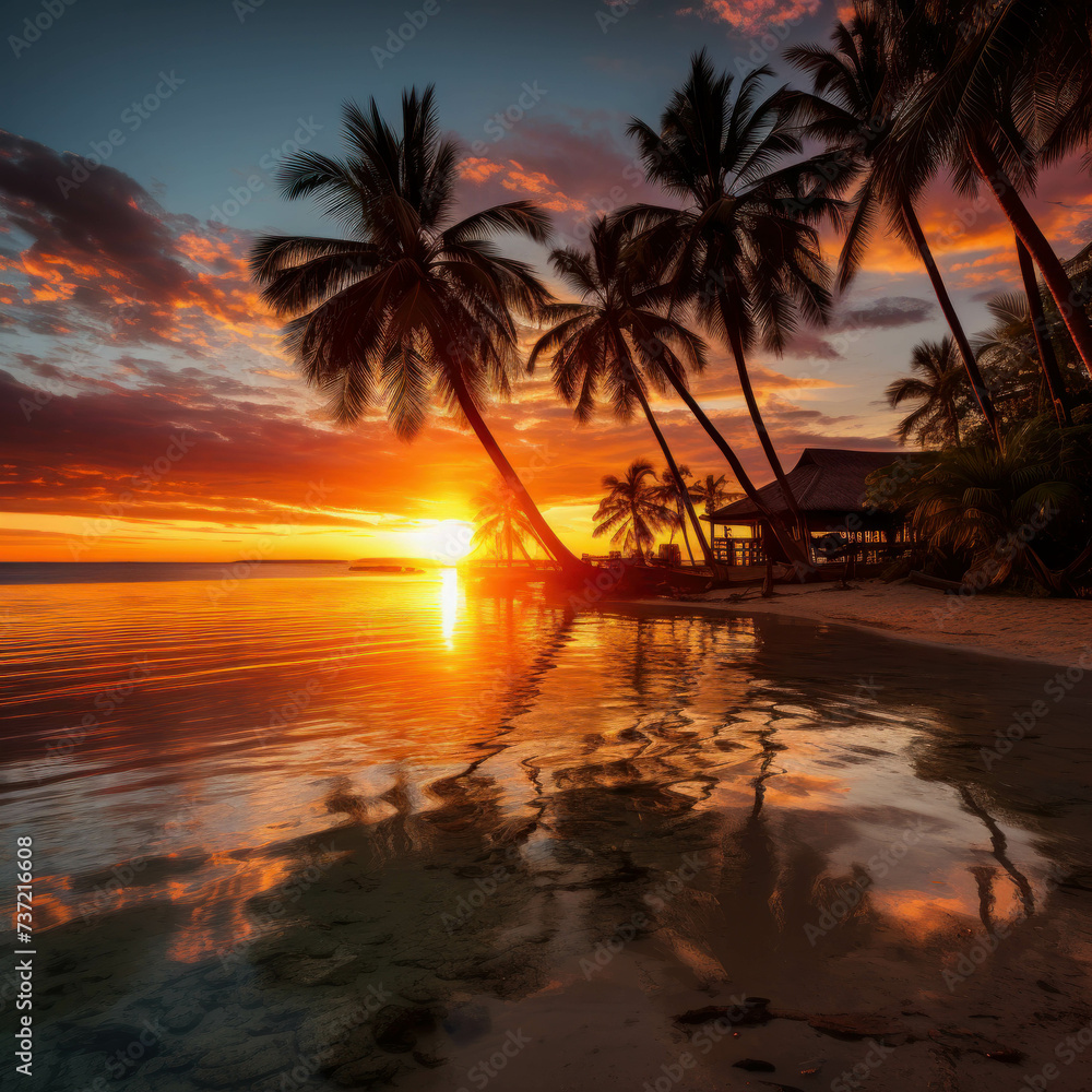 Idyllic sunset view at palm-fringed beach resort. AI generative.