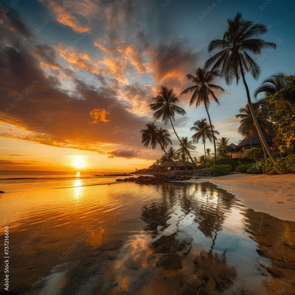 Stunning sunset scenery at beach resort in tropics. AI generative.