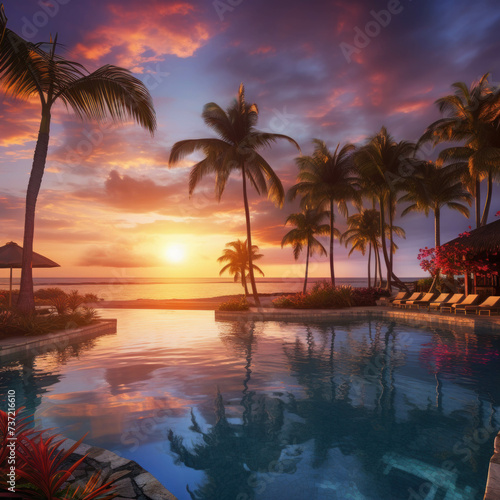 Stunning sunset scenery at beach resort in tropics. AI generative.