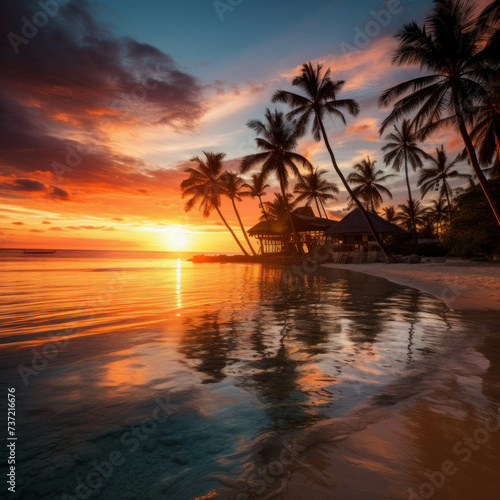 Breathtaking sunset at tropical beach resort with palm trees. AI generative.