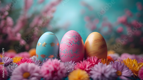 Colorful easter eggs with flowers on blue background. Happy Easter