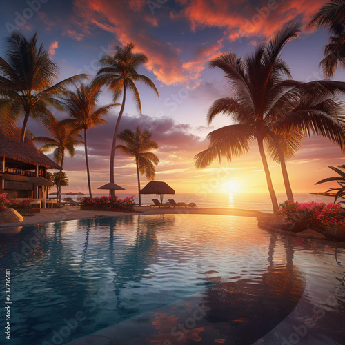 Stunning sunset scenery at beach resort in tropics. AI generative. © น้ำฝน สามารถ