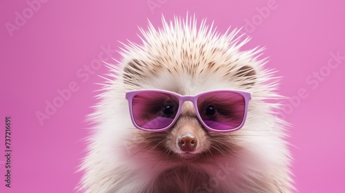 Creative animal concept. Porcupine in sunglass shade glasses isolated on solid pastel background, commercial, editorial advertisement, surreal surrealism